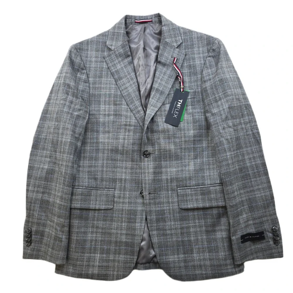 Tommy Hilfiger Modern-Fit Plaid Sport Coat Mens 36S Grey TH Flex Conrad $295 NEW